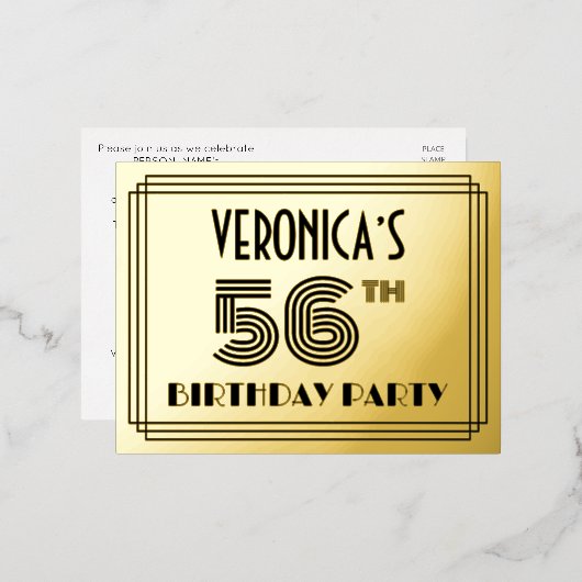 Carte Postale D'invitation À Feuilles D'aluminium 56th Birthday Party ~ Art Deco Style “56” + Name (Recto/Verso)