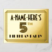 Carte Postale D'invitation À Feuilles D'aluminium 5th Birthday Party ~ Art Deco Style “5” + Name (Recto)