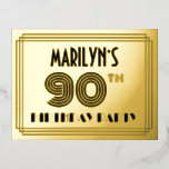 Carte Postale D'invitation À Feuilles D'aluminium 90e Birthday Party Art Deco Style 90   nom<br><div class="desc">The Front of this stylish and Roaring Twenties red ninetieth birthday/celebration foil invite postcard design feobjets a custom name, an intricate art deco schstyle red number "90th", the "BIRTHDAY PARTY", and a border pattern consis ting of lines. The back feobjets personalized details about the event, such the date, time, place/étrangère...</div>