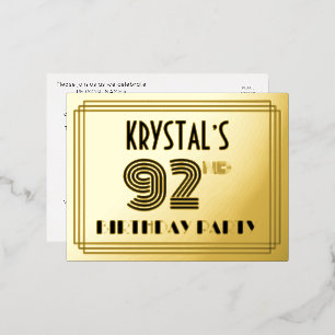 Carte Postale D'invitation À Feuilles D'aluminium 92e fête d'anniversaire ~ Style Art Déco "92" + No