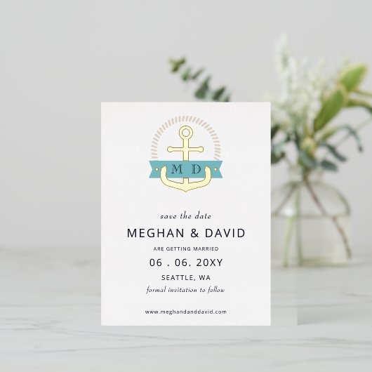 Carte Postale D'invitation À Feuilles D'aluminium Ancre marine moderne Monogramme nautique enregistr (Debout devant)