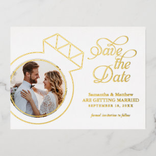 Carte Postale D'invitation À Feuilles D'aluminium Annonce de mariage avec photo de bague de fiançail