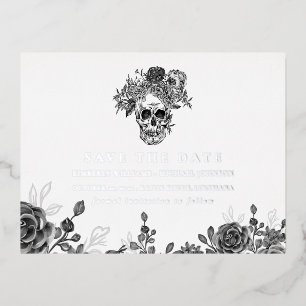 Carte Postale D'invitation À Feuilles D'aluminium Annonce de sauvegarde de la date Crâne et Roses