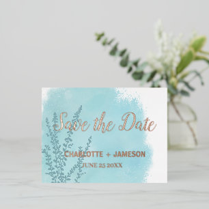 Carte Postale D'invitation À Feuilles D'aluminium Aqua Blue Botanical Watercolor Laver