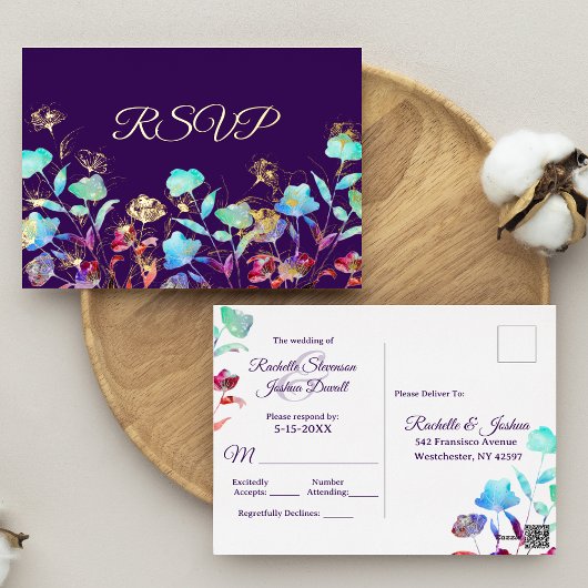 Carte Postale D'invitation À Feuilles D'aluminium Aquarelle Fleur sauvage Script de mariage RSVP Gol