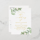 Carte Postale D'invitation À Feuilles D'aluminium Aquarelle vert et fleurs blanches Mariage (Recto/Verso)