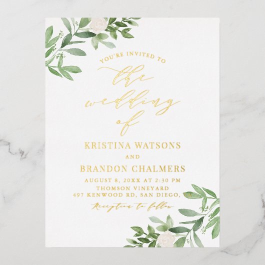 Carte Postale D'invitation À Feuilles D'aluminium Aquarelle vert et fleurs blanches Mariage (Recto)
