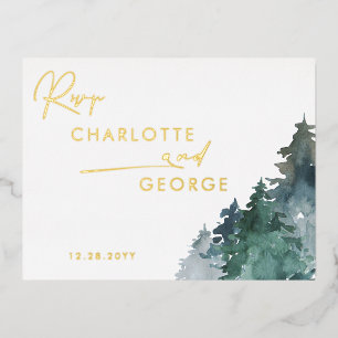 Carte Postale D'invitation À Feuilles D'aluminium Arbres de pin aquarelle rustique hiver RSVP