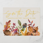 Carte Postale D'invitation À Feuilles D'aluminium Automne Aquarelle Mariage botanique Enregistrer la (Recto)