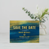 Carte Postale D'invitation À Feuilles D'aluminium Bar Mitzvah Enregistrer Date Moderne Turquoise Vér (Debout devant)