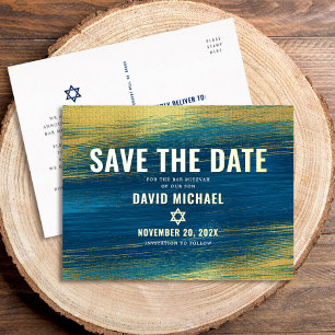 Carte Postale D'invitation À Feuilles D'aluminium Bar Mitzvah Enregistrer la Date Moderne Turquoise