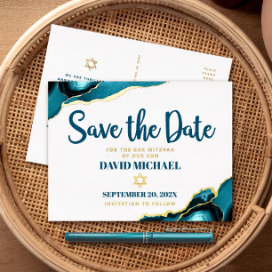 Carte Postale D'invitation À Feuilles D'aluminium Bar Mitzvah Sauvegarder Date Turquoise Agate Or Vé