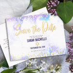 Carte Postale D'invitation À Feuilles D'aluminium Bat mitzvah Date de sauvegarde Purple Aquarelle Aq<br><div class="desc">Assurez-vous que tous vos amis et parents pourront célébrer le Bat mitzvah de votre fille! Envoyez ce faux papier et points de parties scintillant en or brillant, moderne et étonnant, et un script de typographie contre un arrière - plan d'aquarelle mauve, personnalisé "Save the Date" carte faire-part. Personnalisez le texte...</div>