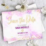 Carte Postale D'invitation À Feuilles D'aluminium Bat Mitzvah Save Date Pink Watercolor Real Gold<br><div class="desc">Make sure all your friends and relatives will be able to celebrate your daughter’s milestone Bat Mitzvah! Send out this stunning, modern, sparkly real gold foil, glitter dots and handwritten script against a soft pink watercolor background, personalized “Save the Date” announcement postcard. Personalize the custom text with your Bat Mitzvah’s...</div>
