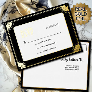 Carte Postale D'invitation À Feuilles D'aluminium Black Gold Art Déco Amusant Floral Wedding RSVP Re