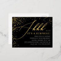 Black & Gold Confetti Script Surprise Party
