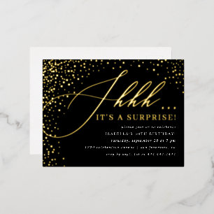 Carte Postale D'invitation À Feuilles D'aluminium Black & Gold Confetti Script Surprise Party