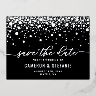 Carte Postale D'invitation À Feuilles D'aluminium Black Modern Confetti Argent Foil Enregistrer la d