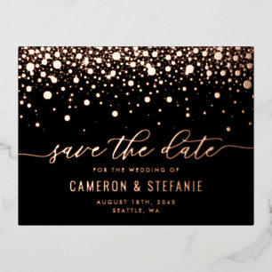 Carte Postale D'invitation À Feuilles D'aluminium Black Modern Confetti Rose Gold Enregistrer la dat