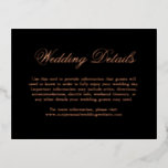 Carte Postale D'invitation À Feuilles D'aluminium Black Rose Gold Foil Formal Wedding Enclosure Card<br><div class="desc">Traditional style black and rose gold foil wedding enclosure card with the word, "details" in an elegant calligraphy. Use these enclosure cards to provide directions and any other important wedding details that your guests may need to know such as hotel accommodations, parking, shuttle information, etc. This classic enclosure card is...</div>