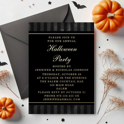 Carte Postale D'invitation À Feuilles D'aluminium Black Stripes Halloween Party Gold