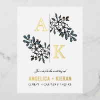 Blanc Floral Vert Monogramme Mariage Or
