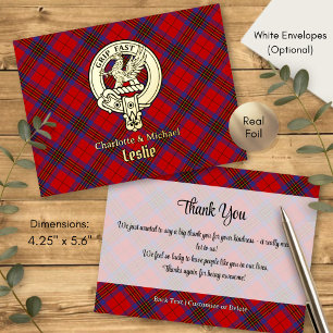 Carte Postale D'invitation À Feuilles D'aluminium Blason du clan Leslie sur tartan rouge