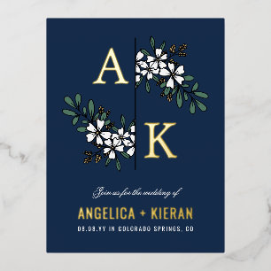 Carte Postale D'invitation À Feuilles D'aluminium Bleu Blanc Floral Vert Monogramme Mariage