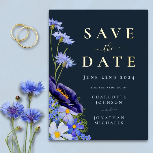 Carte Postale D'invitation À Feuilles D'aluminium Bleu Mariage or