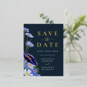 Carte Postale D'invitation À Feuilles D'aluminium Bleu Mariage or (Debout devant)