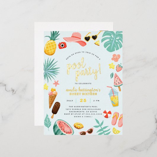 Carte Postale D'invitation À Feuilles D'aluminium Bleu | Watermelon Pineappon Tropical Pool Party (Recto/Verso)