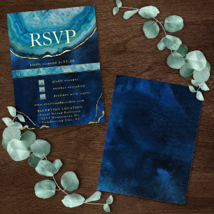 Carte Postale D'invitation À Feuilles D'aluminium Blue Gold Galaxy Agate Mariage RSVP