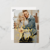 Carte Postale D'invitation À Feuilles D'aluminium Bold Modern Calligraphy Photo Enregistrer la date (Recto/Verso)