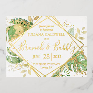Carte Postale D'invitation À Feuilles D'aluminium Brunch Mariage Tropical Moderne & Or Pétillant