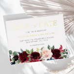 Carte Postale D'invitation À Feuilles D'aluminium Burgundy Aquarelle Floral Wedding Enregistrer la d<br><div class="desc">Burgundy & Blush Aquarelle Floral Wedding Enregistrer la date Gold Foil Invitation Carte postale Voir la collection correspondante dans Niche and Nest Store</div>