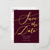 Carte Postale D'invitation À Feuilles D'aluminium Burgundy Calligraphie manuscrite Enregistrer La Da (Recto/Verso)