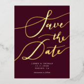 Carte Postale D'invitation À Feuilles D'aluminium Burgundy Calligraphie manuscrite Enregistrer La Da (Recto)