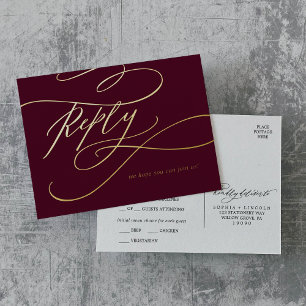 Carte Postale D'invitation À Feuilles D'aluminium Calligraphie romantique Burgundy Gold Foil Repas R