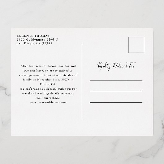 Carte Postale D'invitation À Feuilles D'aluminium Calligraphie verte manuscrite Enregistrer la date (Verso)