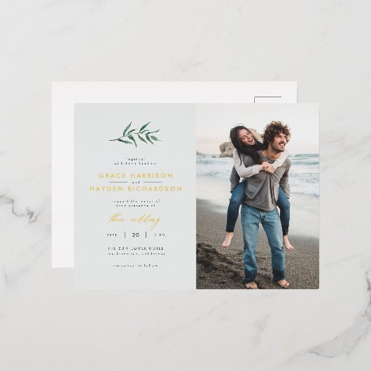 Carte Postale D'invitation À Feuilles D'aluminium Chic Simple Bleu & Vert Branche Mariage Photo (Recto/Verso)