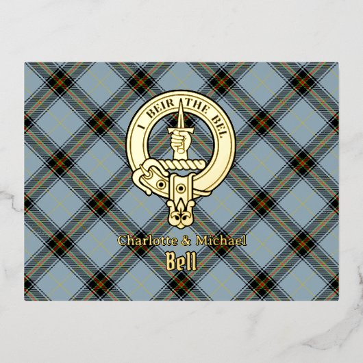 Carte Postale D'invitation À Feuilles D'aluminium Clan Bell Crest over Tartan (Recto)