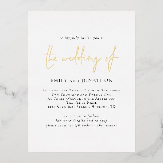 Carte Postale D'invitation À Feuilles D'aluminium Code QR de mariage réel de script moderne (Recto)