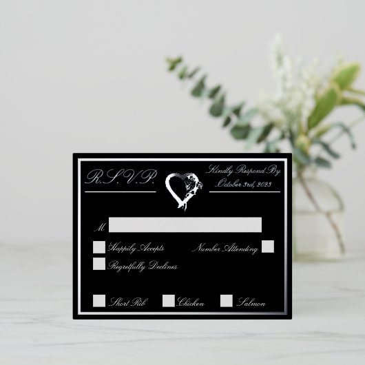 Carte Postale D'invitation À Feuilles D'aluminium Coeur & Rose, Noir Mariage RSVP Argent (Debout devant)