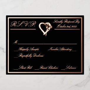 Carte Postale D'invitation À Feuilles D'aluminium Coeur & Rose, Noir Mariage RSVP Rose Or Full