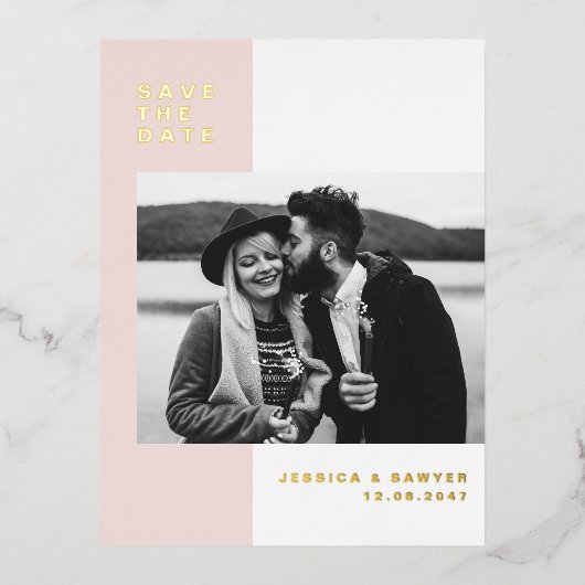 Carte Postale D'invitation À Feuilles D'aluminium Couleur rose pâle bloc Photo moderne Enregistrer l (Recto)