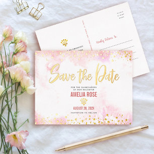 Carte Postale D'invitation À Feuilles D'aluminium Couronne de Quinceañera Date de Sauvegarde Rose Pâ