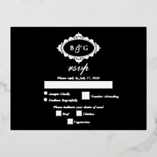 Carte Postale D'invitation À Feuilles D'aluminium Couronne de véritable feuille d'argent RSVP noir m