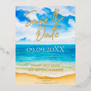 Carte Postale D'invitation À Feuilles D'aluminium Destination de plage Enregistrez la date Aquarelle