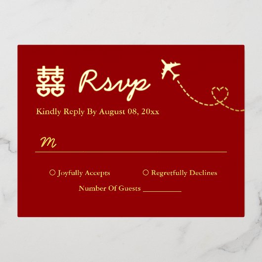 Carte Postale D'invitation À Feuilles D'aluminium Destination rouge mariage double bonheur rsvp (Recto)