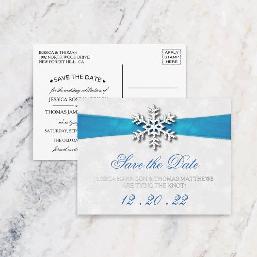 Carte Postale D'invitation À Feuilles D'aluminium Diamante Snowflake & Blue Ribbon Mariage d'hiver